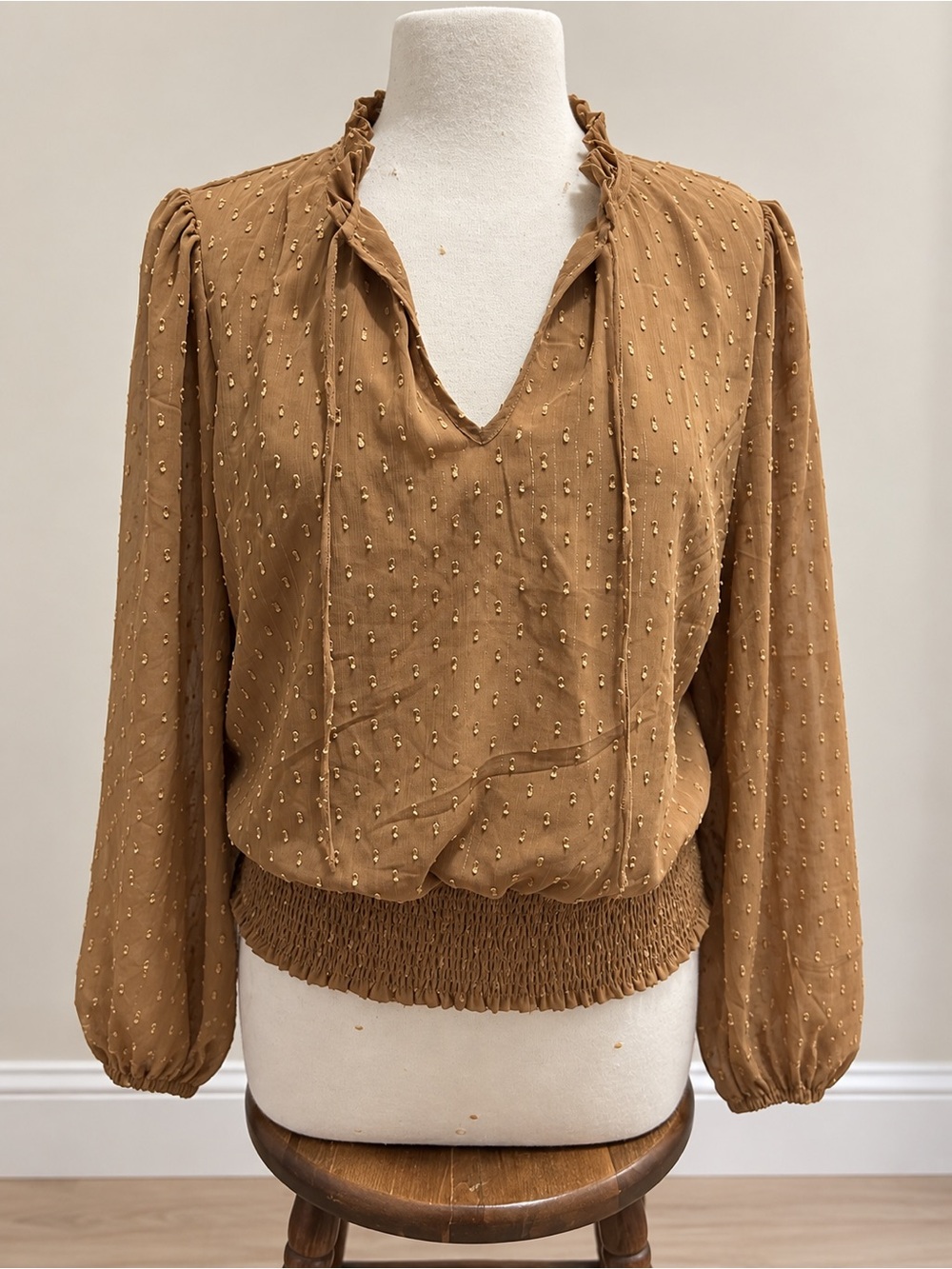 Women's Brown Smocked-Hem Blouse